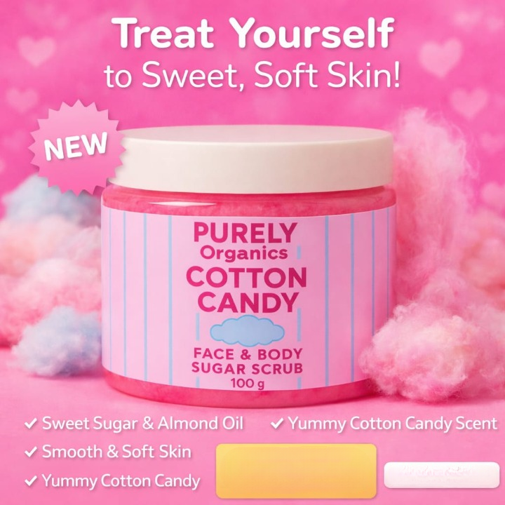 Purely Organics Cotton Candy Face And Body Sugar Scrub Providing Brightening Glow Tan Removal Blackhead Care Pigmentation - 100g